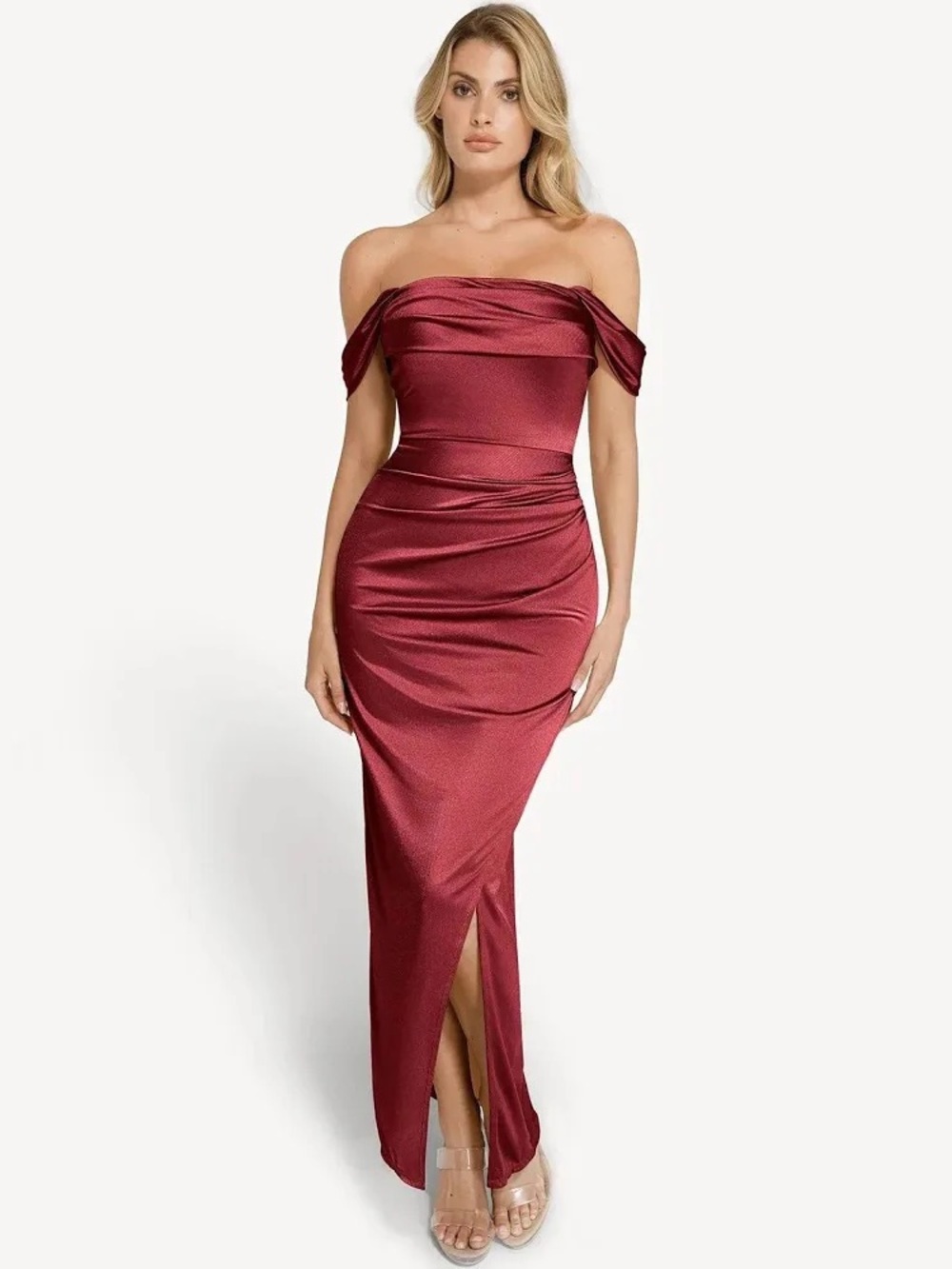 Brand Popilush. Scarlet Satin High-Low Off-Shoulder Dress